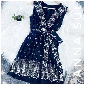 ANNA SUI silk black wrap mini dress tie waist beige print v-neck size small